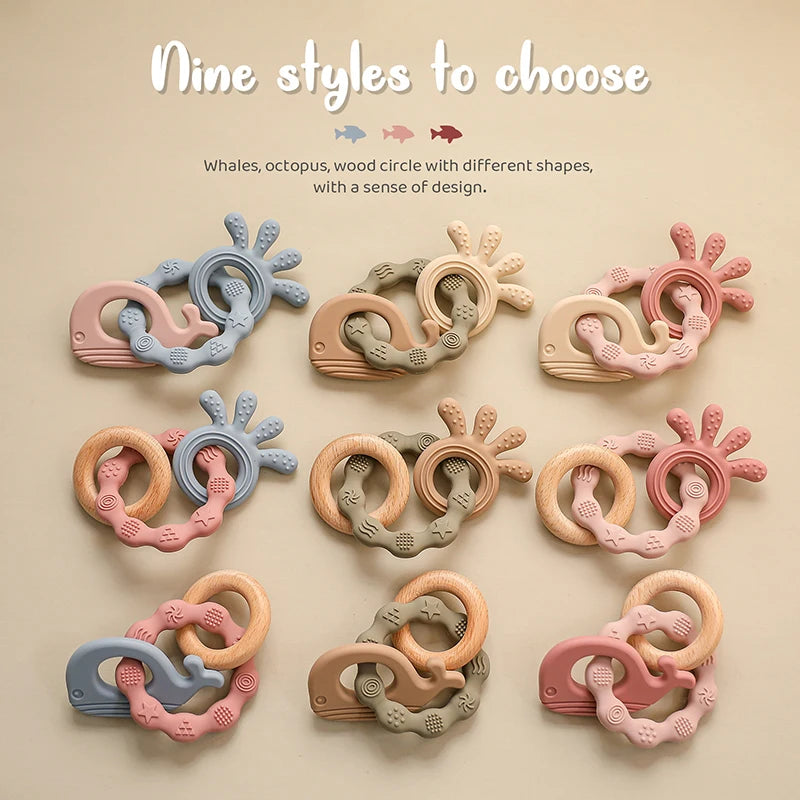 Let's Make 1PC Silicone Teether Baby Rudder Shape Wooden Teether Ring Kid Gift BPA Free Silicone Children Goods Kid Teething Toy