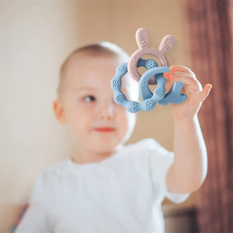 Let's Make 1PC Silicone Teether Baby Rudder Shape Wooden Teether Ring Kid Gift BPA Free Silicone Children Goods Kid Teething Toy
