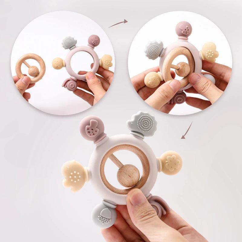 Let's Make 1PC Silicone Teether Baby Rudder Shape Wooden Teether Ring Kid Gift BPA Free Silicone Children Goods Kid Teething Toy