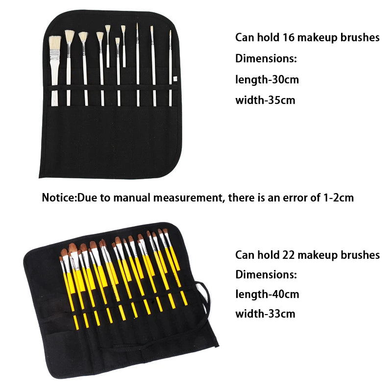 16/22 Holes Makeup Brush Storage Bag Women's Canvas Cosmetic Pouch Travel Fold Organizer Portable Bundle Strap Design Beauty Bag