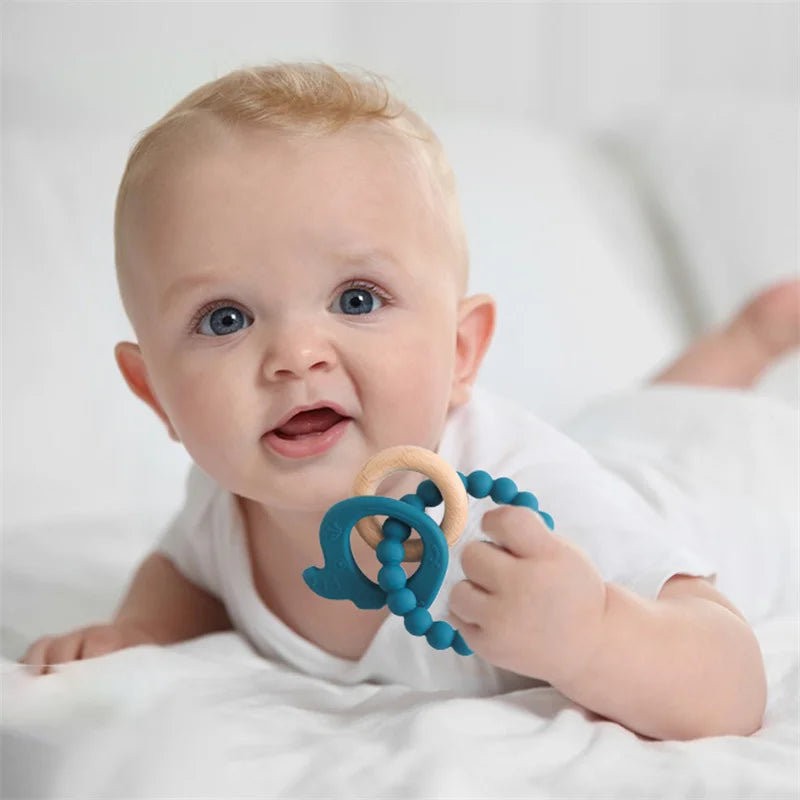 Let's Make 1PC Silicone Teether Baby Rudder Shape Wooden Teether Ring Kid Gift BPA Free Silicone Children Goods Kid Teething Toy