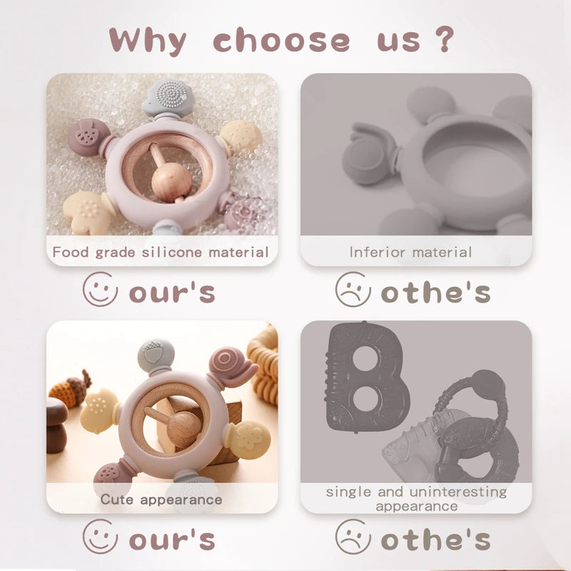 Let's Make 1PC Silicone Teether Baby Rudder Shape Wooden Teether Ring Kid Gift BPA Free Silicone Children Goods Kid Teething Toy